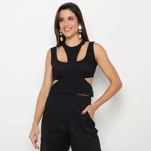 Conjunto De Top & Cropped Canelado<BR>- Preto<BR>- Dimy