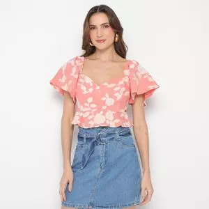 Blusa Floral Com Linho<BR>- Laranja Claro & Branca