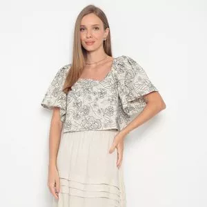 Blusa Floral Com Linho<BR>- Off White & Preta