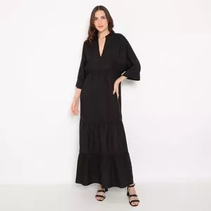 Vestido Longo Com Franzidos<BR>- Preto