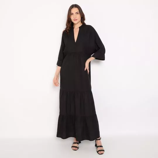 Vestido Longo Com Franzidos- Preto