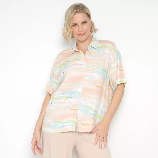 Camisa Abstrata- Off White & Laranja Claro