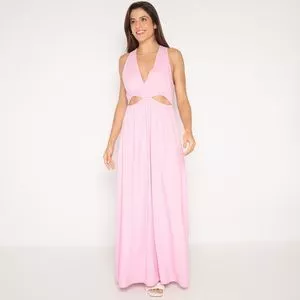 Vestido Longo Com Linho<BR>- Rosa Claro