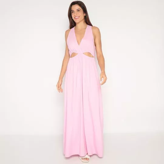 Vestido Longo Com Linho- Rosa Claro