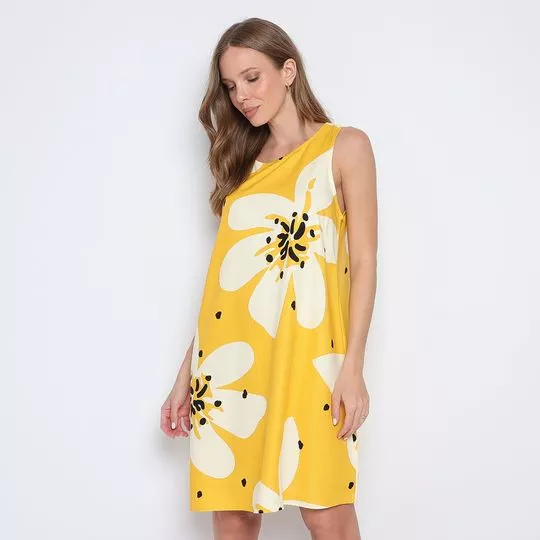 Vestido Curto Floral- Amarelo & Off White