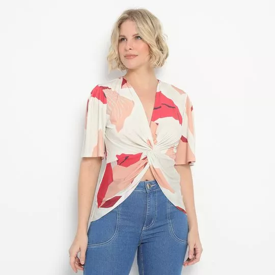 Blusa Com Drapeado- Branca & Vermelha- Morena Rosa