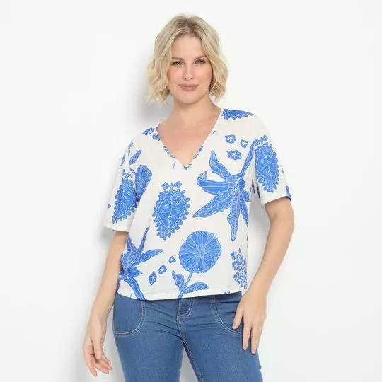 Blusa Folhagens- Branca & Azul- Morena Rosa