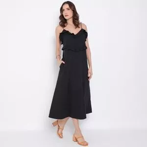 Vestido Midi Com Babado<BR>- Preto<BR>- Morena Rosa