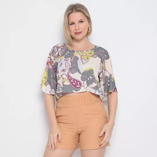 Cropped Floral- Off White & Verde Limão- Morena Rosa