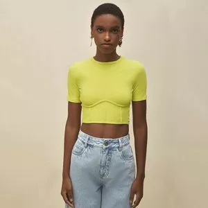 Cropped Canelado<BR>- Verde Limão<BR>- Morena Rosa