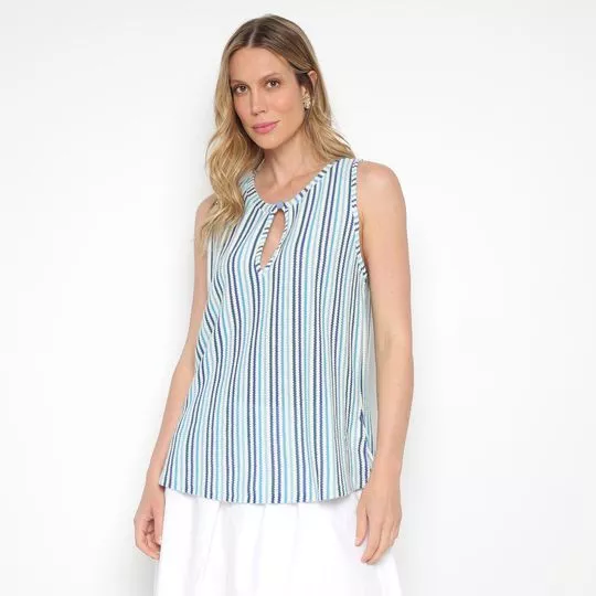 Blusa Listrada Em Tricô- Off White & Azul Marinho- Maria Valentina