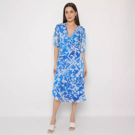 Vestido Midi Com Amarração- Azul & Off White- Maria Valentina