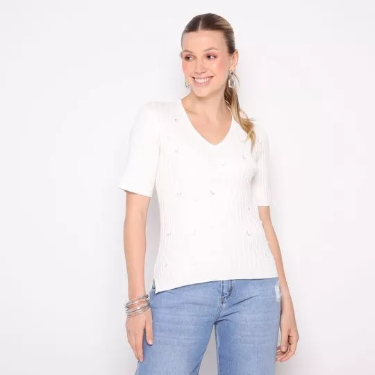 Blusa Com Pedrarias- Off White- Maria Valentina