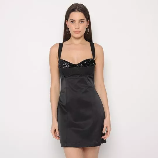 Vestido Curto Com Recortes- Preto- Lebôh