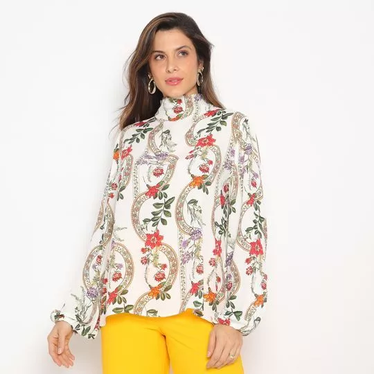 Blusa Floral- Off White & Verde Escuro- Iódice