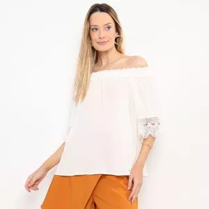 Blusa Ombro A Ombro Com Renda<BR>- Off White<BR>- Dimy