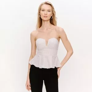 Blusa Sem Alça Listrada<BR>- Off White & Taupe