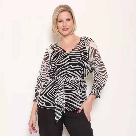 Blusa Animal Print- Off White & Preta- Maria Valentina