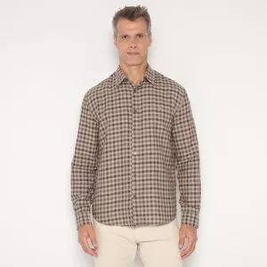 Camisa Comfort Fit Em Linho Xadrez<BR>- Bege Claro & Vinho<BR>- VR