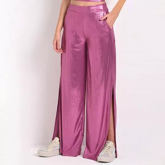 Calça Pantalona Com Fendas- Rosa