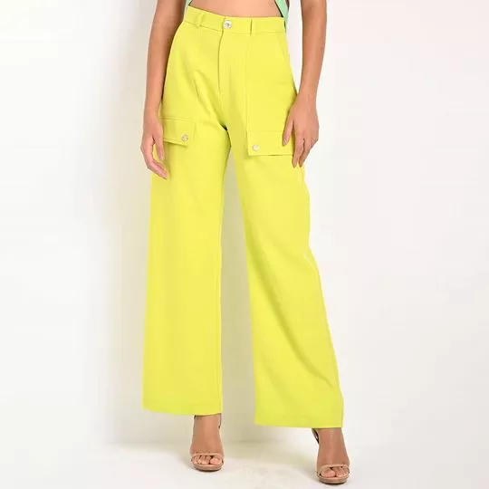 Calça Wide Leg Em Sarja - Verde Limão