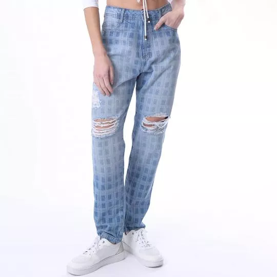 Calça Jeans Mom Com Puídos- Azul & Azul Escuro