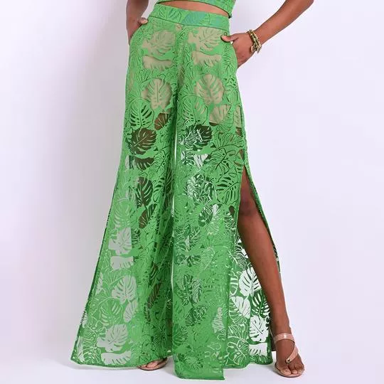 Calça Pantalona Folhagens- Verde & Bege