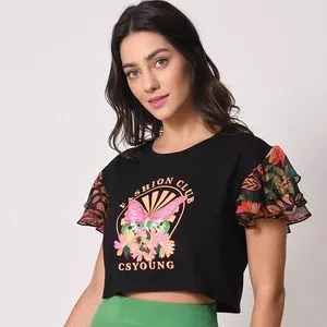 Cropped Floral Com Inscrições<BR>- Preto