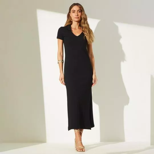 Vestido Midi Com Fenda- Preto