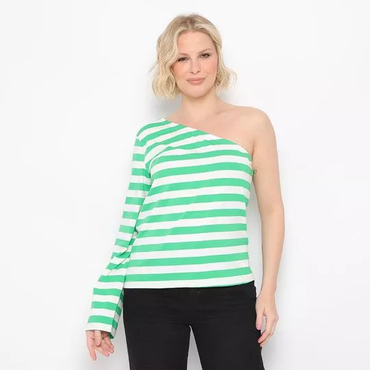 Blusa Ombro Único Listrada- Verde & Branca