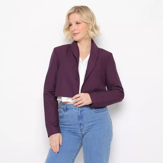 Blazer Cropped Com Linho- Roxo Escuro