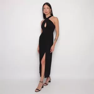 Vestido Longo Com Fenda<BR>- Preto