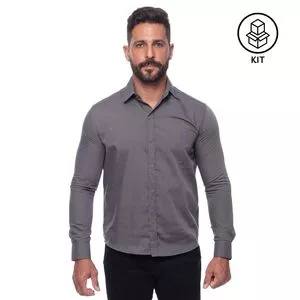 Kit De Camisas Slim Fit<BR>- Cinza Escuro<BR>- 2Pçs