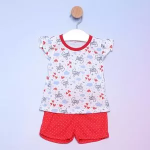 Pijama Com Inscrições<BR>- Azul Claro & Vermelho