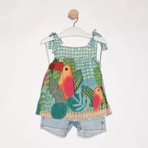 Conjunto De Bata & Short Jeans<BR>- Verde & Azul Claro