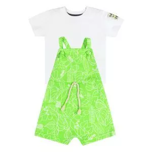 Conjunto De Camiseta & Jardineira Folhagens<BR>- Branco & Verde Claro<BR>- Quimby