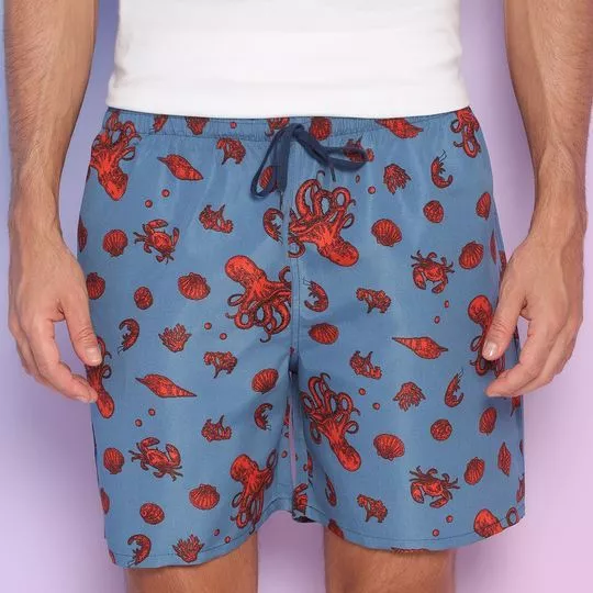 Short Caranguejos Com Bolsos- Azul Escuro & Laranja escuro