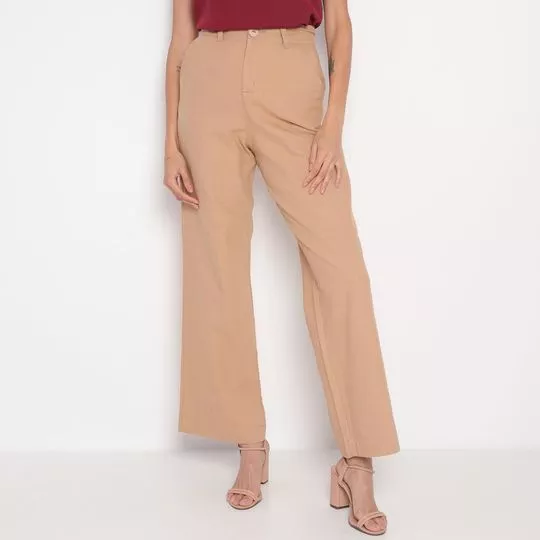 Calça Wide Leg Com Bolsos- Marrom Claro