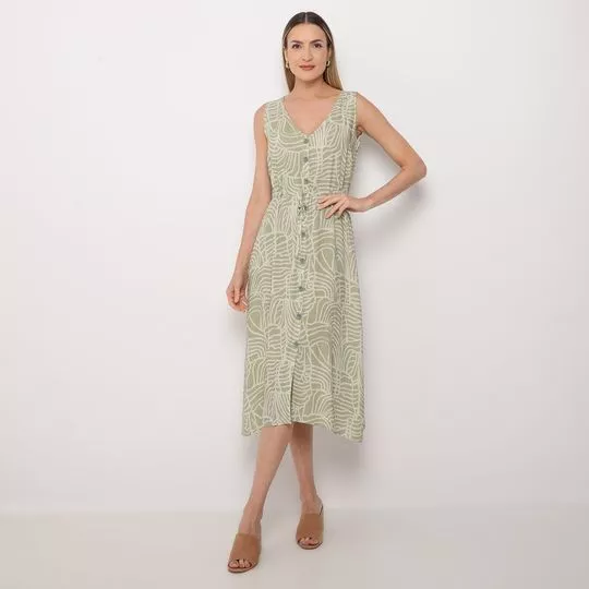 Vestido Midi Abstrato- Verde Oliva & Off White