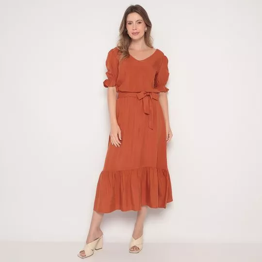 Vestido Midi Com Amarração- Laranja Escuro