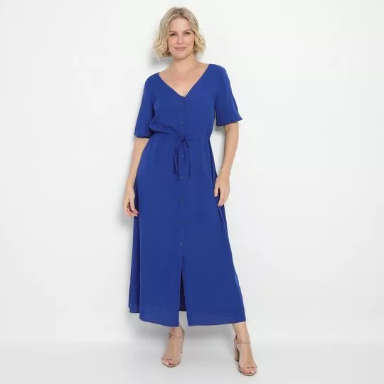 Vestido Midi Com Botões- Azul Escuro