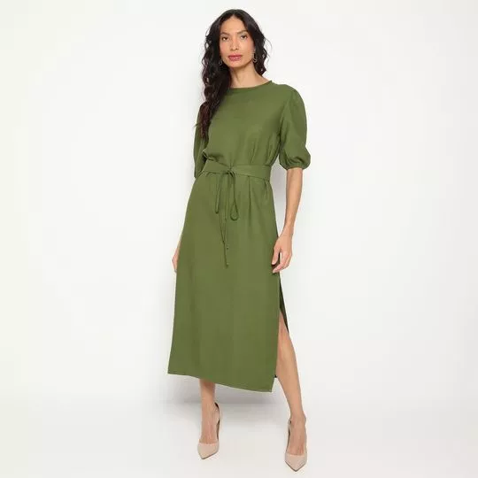 Vestido Midi Com Fenda- Verde Escuro