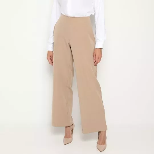 Calça Pantalona Com Bolsos- Bege Claro