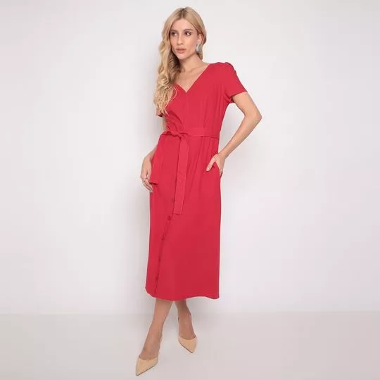 Vestido Midi Com Linho- Vermelho