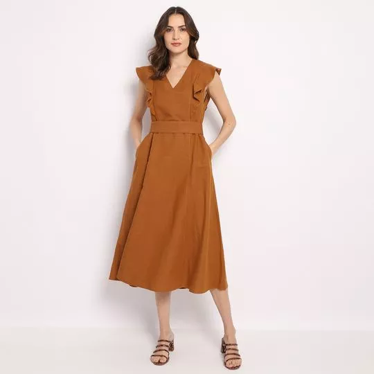 Vestido Midi Com Linho- Laranja Escuro