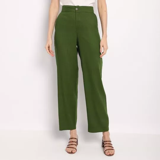 Calça Pantalona Com Linho- Verde Escuro