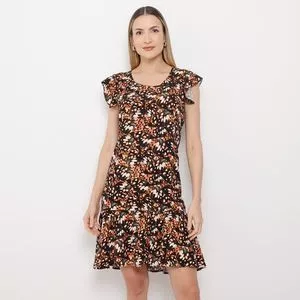 Vestido Curto Abstrato<BR>- Preto & Laranja