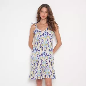 Vestido Curto Arabescos<BR>- Off White & Azul Escuro