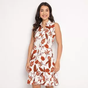 Vestido Curto Folhagens<BR>- Branco & Laranja Escuro