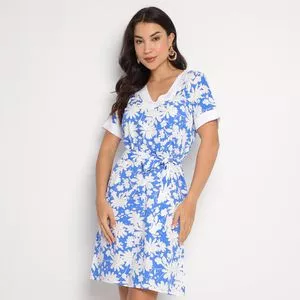 Vestido Curto Floral<BR>- Branco & Azul